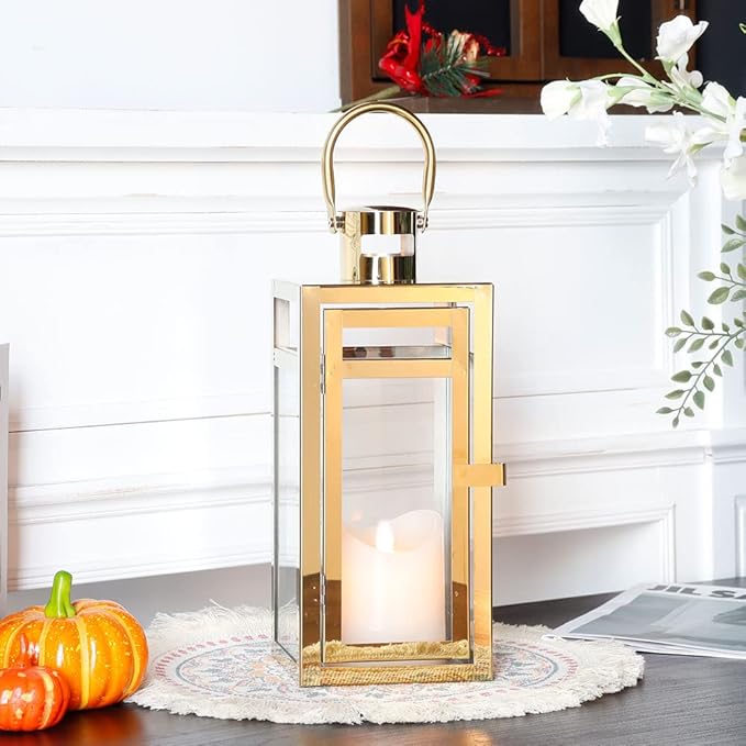 TRIROCKS Stainless Steel Decorative Lantern 12'' High Metal Candle Holder Outdoor Candle Lantern with Tempered Panels for Christmas Home Decor Living Room Parties Events Tabletop Indoor Outdoor (Gold)-Ruum Studio Home