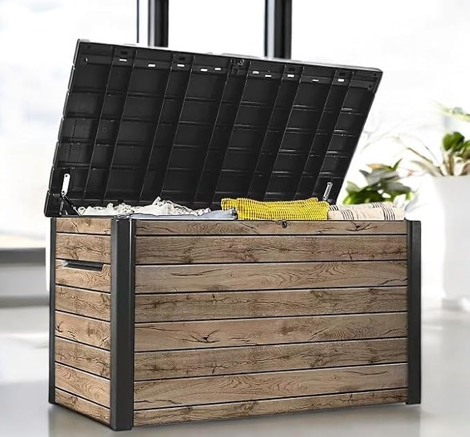 Outdoor Storage Box, Wood-Look Resin Deck Container, Indoor/Outdoor Storage, Ash Wood Brown (230 Gallon)-Ruum Studio Home