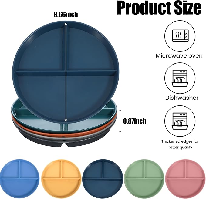 10 Pcs Unbreakable Divided Plates for Kids Adults, 9 Inch Round Portion Control Plate, 3 Compartment Plates with Dividers, Lightweight Reusable Dinnerware Portion Control Plastic, Dishwasher Safe-Ruum Studio Home