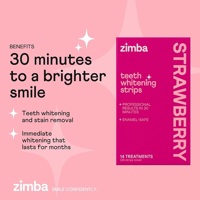 Zimba Strawberry Flavored Teeth Whitening Strips | Vegan, Enamel Safe Hydrogen Peroxide Teeth Whitener for Coffee, Wine, Tobacco, and Other Stains | 14 Day Treatment | Strawberry-Ruum Studio Home