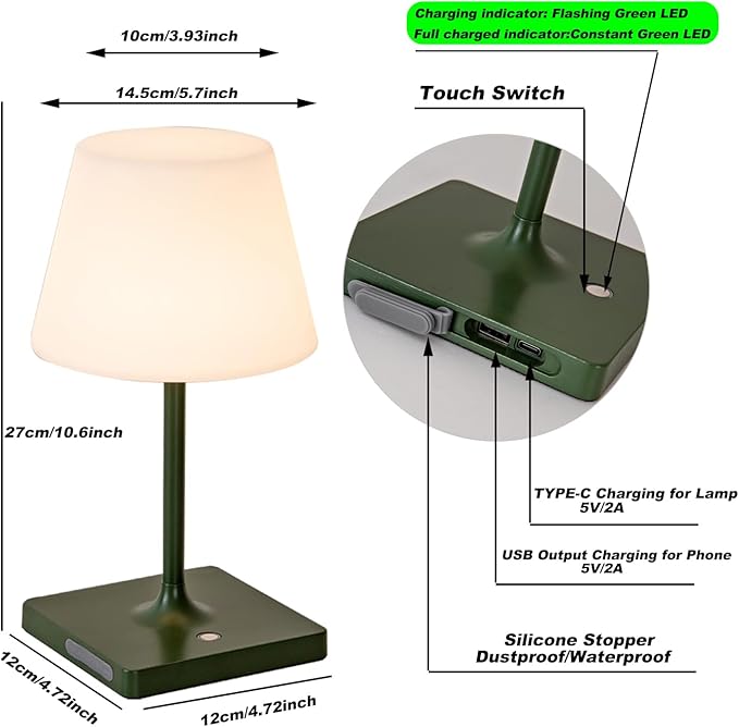 LED Cordless Table lamp Rechargeable,Outdoor Battery Operated Portable Desk lamp,Shower lamp Waterproof,4000mAh LED 3 Colors Dimmable Touch Night Lamps-Green-Ruum Studio Home