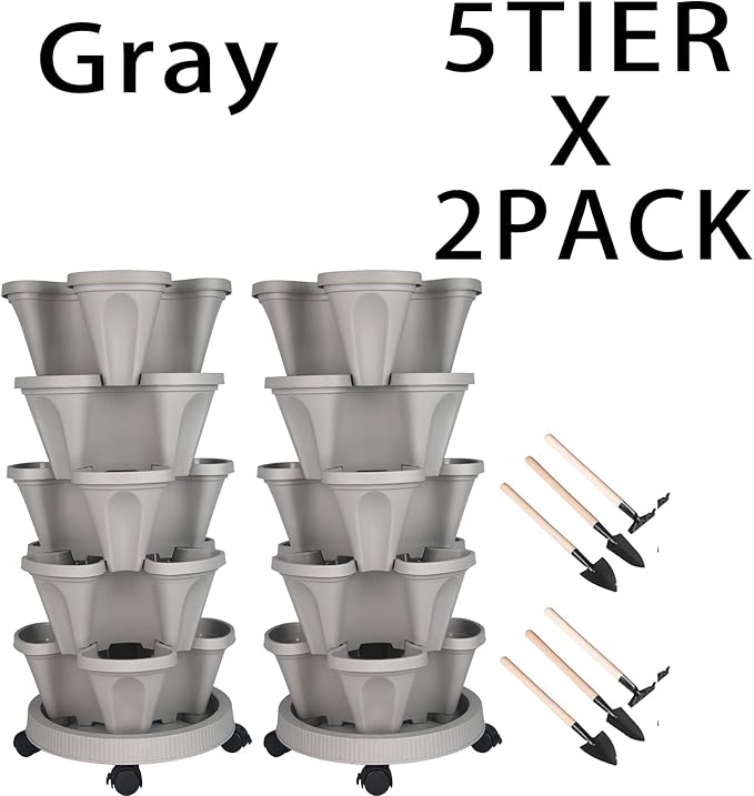 Vertical Planter 5 Tier Stackable Planters Garden Planters Strawberry Herb Flower and Vegetable Planter Indoor Outdoor Gardening Pots with Removable Wheels and Tools 2-Pack-Ruum Studio Home