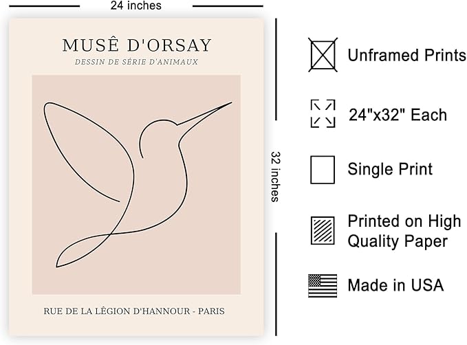 Poster Master Vintage Poster - Retro One Line Hummingbird Drawing Print - Bird Line Art - Minimal Gift for Him, Her, Animal Lover - Abstract Decor for Home, Office, 24x32 Unframed Wall Art-Ruum Studio Home