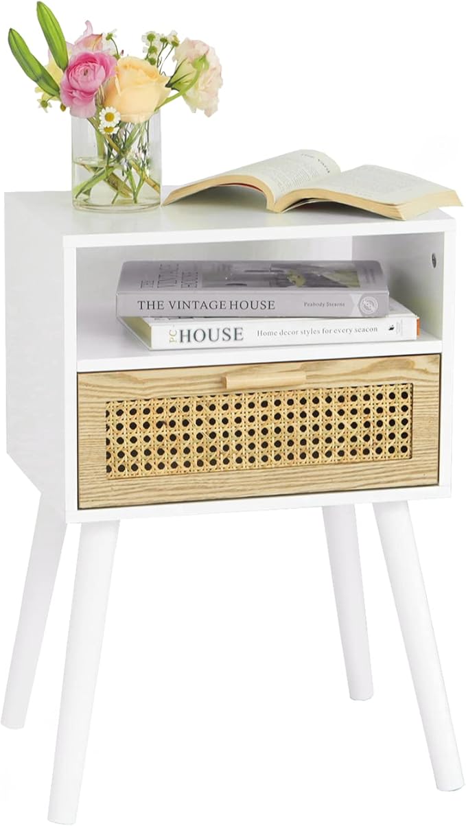 MaxSmeo White Nightstand with Drawer, Mid Century Modern Nightstand, Rattan Side Table, End Table with Storage for Living Room, Bedroom and Small Spaces, Easy Assembly (White)-Ruum Studio Home