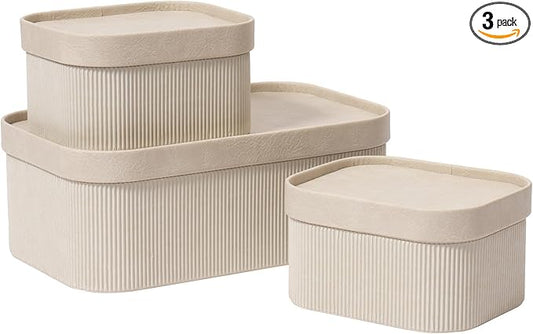 La Jolie Maison Fluted Cardboard Storage Baskets with Leather-Like Lids, Sturdy Stackable Paper Boxes Decorative Tray,Set of 3 Ivory-Ruum Studio Home