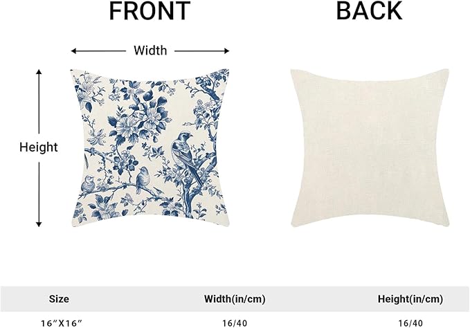 Navy Blue Spring Floral Pillow Covers 16 x 16 Inch Set of 2 for Vintage Chinoiserie Flowers Bird Decor Throw Pillows Plant Farmhouse Outdoor Decorative Cushion Cases for Couch Bed Decorations-Ruum Studio Home