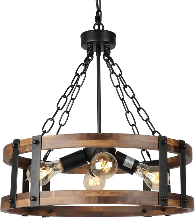 Farmhouse Rustic Wood Chandelier, 4-Light Industrial Drum Chandelier for Dining Room Vintage Pendant Hanging Light Fixture with Black Metal Accent for Kitchen Living Room Dining Area-Ruum Studio Home
