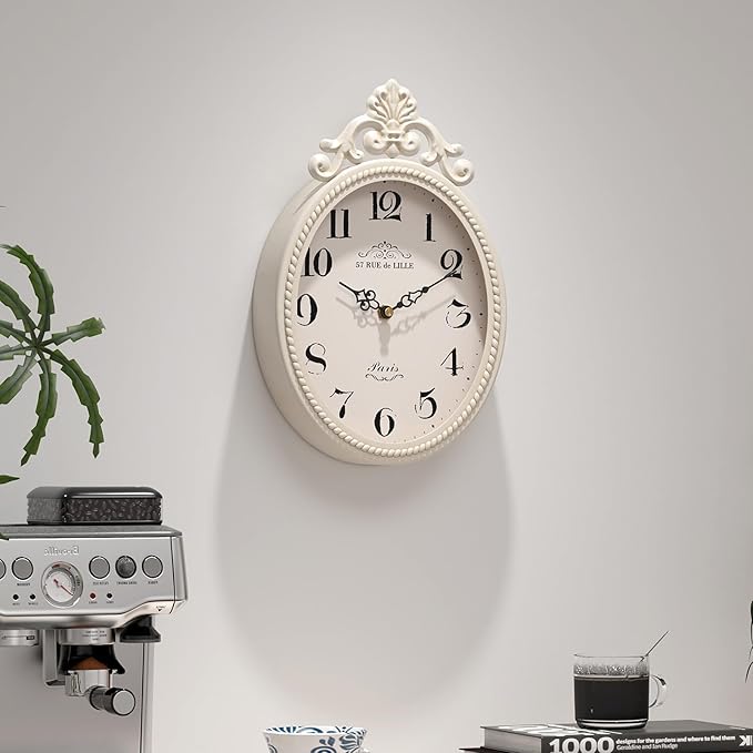 Abdurey Small French Retro Decorative Wall Clock, Ivory White Vintage Oval Style,Silent Battery Operated Boho Decor Wall Clocks for Farmhouse,Kitchen,Bedroom,Bathroom(10.4" H x 6.7" W)-Ruum Studio Home