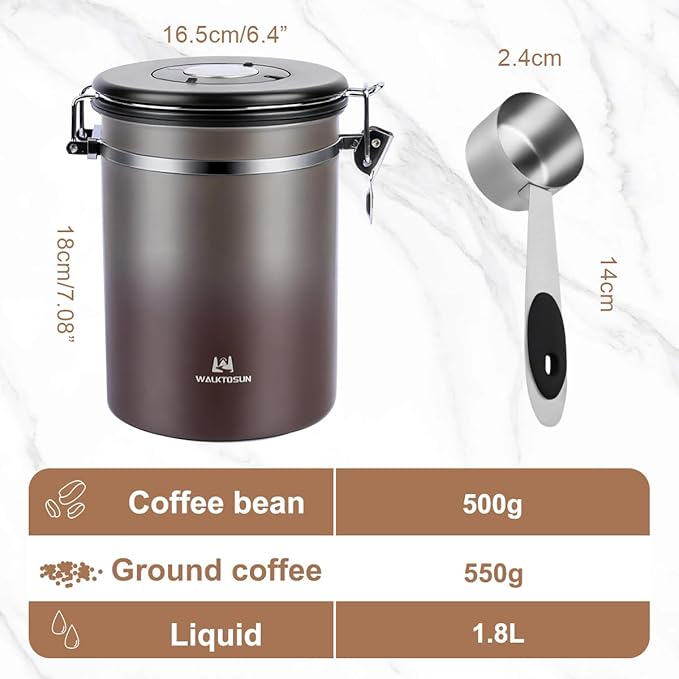 Coffee Canister Airtight Storage Container Stainless Steel Coffee Jar with Scoop,Date Tracker CO2 Release Valve for Dry Food Beans Ground Tea Flour Cereal and Sugar (1.8L Grey-Brown With Spoon(2pcs))-Ruum Studio Home