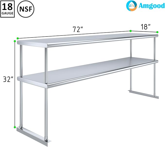 AmGood Stainless Steel Double-Tier Shelf | Work Table Overshelf | NSF Certified | Fits Over Tables | Many (72 in. Long x 18 in. Deep)-Ruum Studio Home