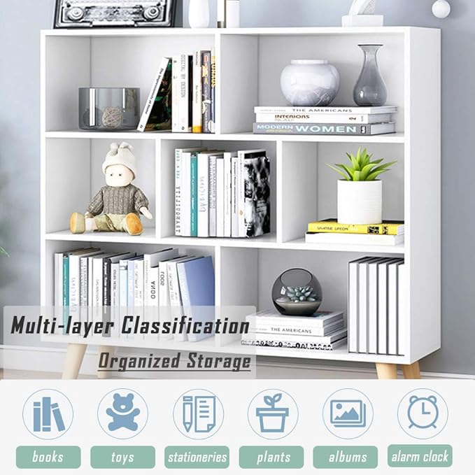 IOTXY Wooden Open Shelf Bookcase - 3-Tier Floorstanding Display Cabinet Rack with Legs, 7 Cubes Free Standing Bookshelf, Warm White-Ruum Studio Home