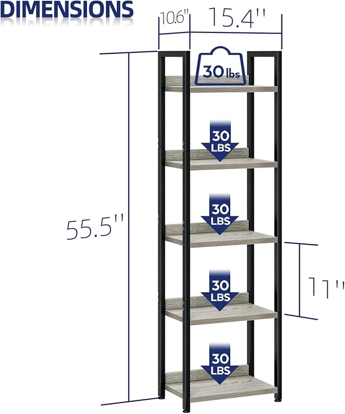 NUMENN Narrow Bookshelf, 5 Tier Bookshelves, Home Office Bookcase Shelf Storage Organizer, Free Standing Storage Shelving Unit for Bedroom, Living Room and Home Office, Grey-Ruum Studio Home