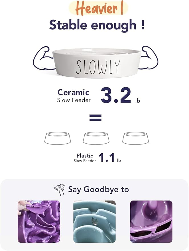 Ceramic Slow Feeder Dog Bowls Small Breed, 0.6 Cups Dog Food Dish for Fast Eaters, Puzzle Bowl for Small Dogs and Cats,White-Ruum Studio Home