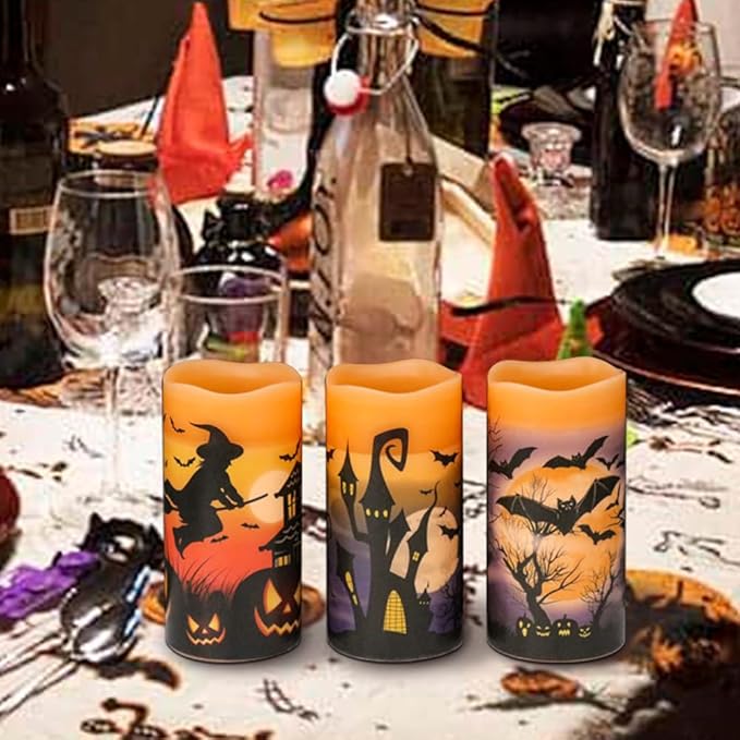 Wondise Halloween Flameless Flickering Candles with 6hrs Timer, Battery Operated Candles with Halloween Decals Real Wax LED Pillar Candles for Halloween Home Table Decor (3 x 6 Inches), Orange-Ruum Studio Home