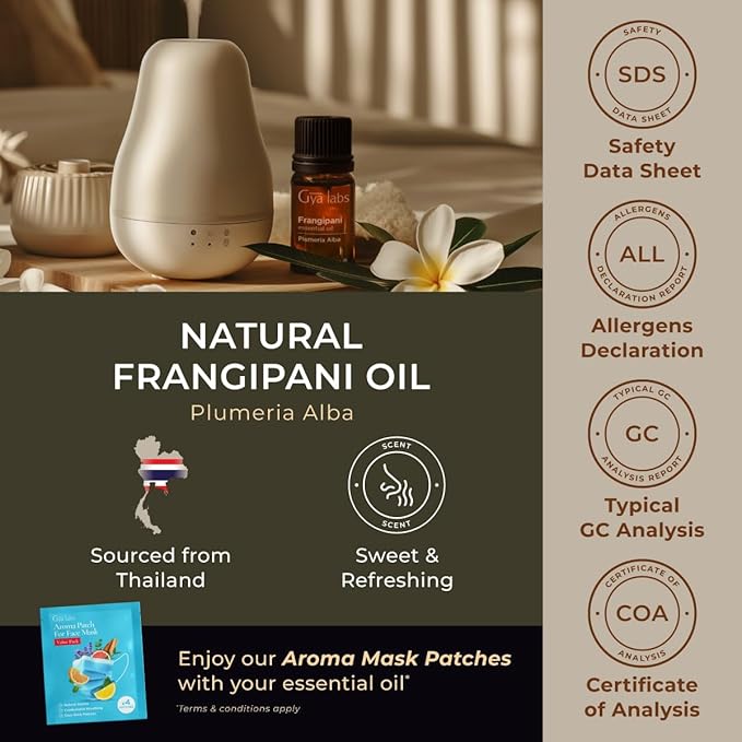 Gya Labs Frangipani Essential Oil for Diffuser - 0.34 Fl Oz - 100% Pure Natural Frangipani Oil for Skin, Face, Aromatherapy & Candle Making Scent-Ruum Studio Home