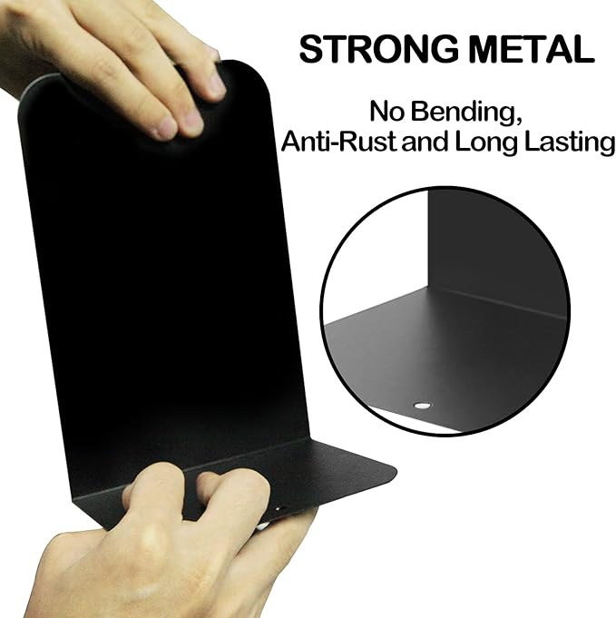 VONDERSO Metal Bookends, 4 Pairs Black Metal Book Ends Heavy Duty for Shelves Decor Home Office, Unique Black Bookends Supports Anti-Slip for Kids-Ruum Studio Home