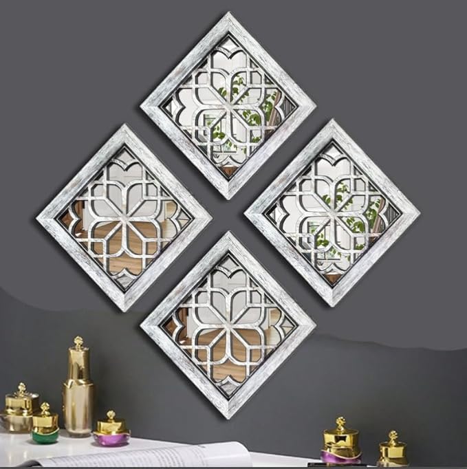 Boho Square Wall Mirrors Set of 2-12" x12'Decorative Mirrors for Wall Decor, BrownHandcrafted Mirror Panels Perfect for LivingRoom Bedroom Entryway Hallway (Grey)-Ruum Studio Home