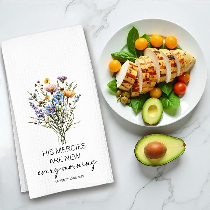 Christian Kitchen Towel, Waffle Weave Microfiber Scripture Hand Towel, His Mercies are New Every Morning Bible Verse Farmhouse Decor for Kitchen Bathroom, Inspirational Gift for Women-Ruum Studio Home