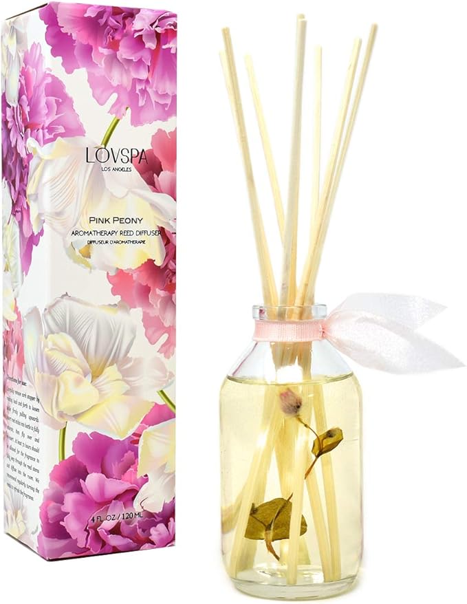 LOVSPA Reed Diffuser Set, Pink Peony Scented Oil Diffuser with Sticks, Home Fragrance Accessories for Bathroom Shelf Decor, Aroma Diffusers for Home or Office Desk, USA Made-Ruum Studio Home
