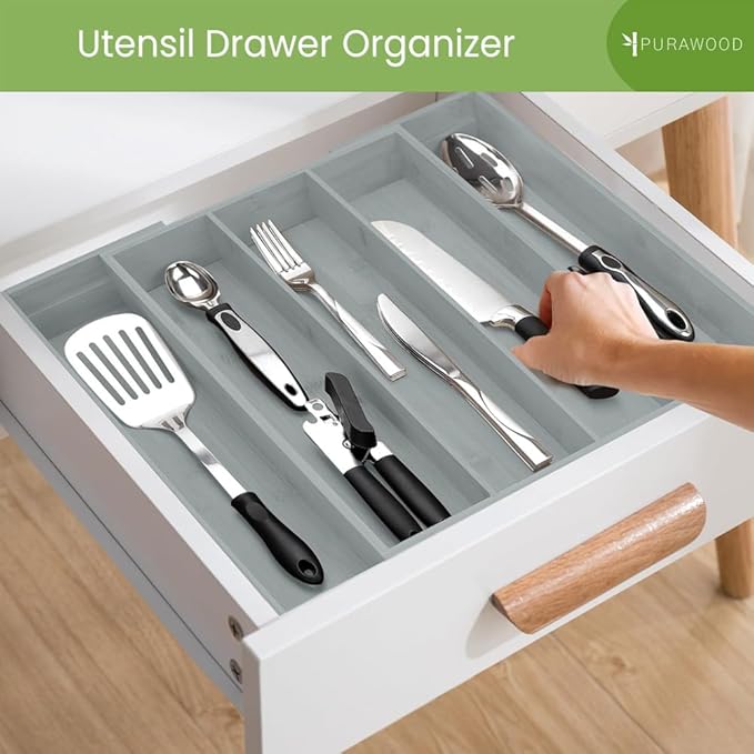 Purawood Kitchen Drawer Organizer - Expandable Utensil Drawer Organizer for Kitchen, Cutlery Tray & Silverware Organizer, 3-5 Slots - Bamboo Organizer for Utensils & Flatware (Grey)-Ruum Studio Home