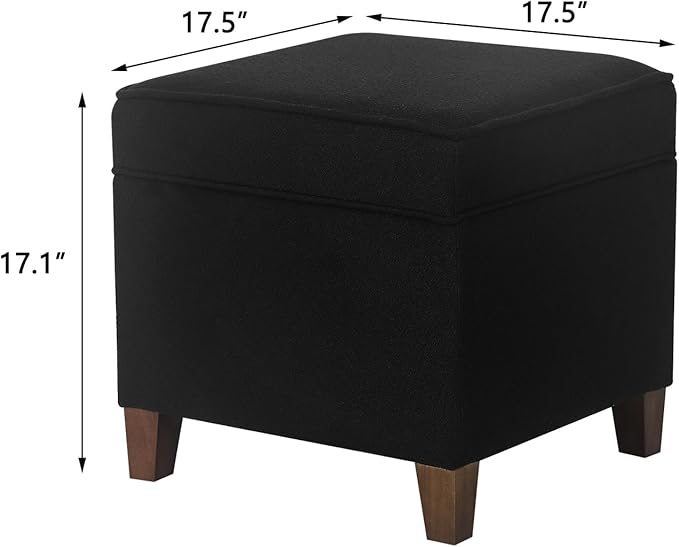 Adeco 17.5" Square Fabric Ottoman with Storage - Upholstered Cotton Linen Foot Rest - Flip Top Footstool with Sturdy Wood Legs, Small Cube Coffee Table Extra Seat for Living Room, Bedroom, Black-Ruum Studio Home