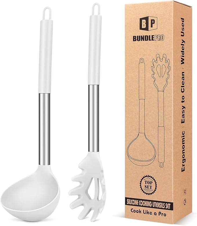 Silicone Pasta Fork and Ladle Spoon Set, Large Non Stick Kitchen Utensils for Cooking,Stirring,Serving Spaghetti, Soup, Sauce (WHITE)-Ruum Studio Home