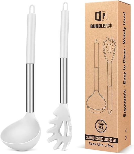 Silicone Pasta Fork and Ladle Spoon Set, Large Non Stick Kitchen Utensils for Cooking,Stirring,Serving Spaghetti, Soup, Sauce (WHITE)-Ruum Studio Home