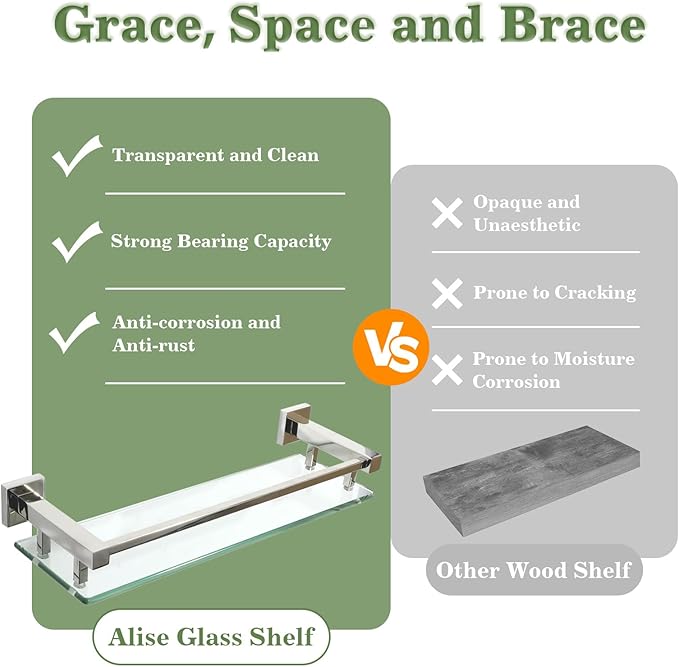 Alise Bathroom Glass Shelf with Stainless Steel Railing, Polished Chrome Small Tempered Glass Floating Wall Shelf Over The Toilet, 16 inch-Ruum Studio Home