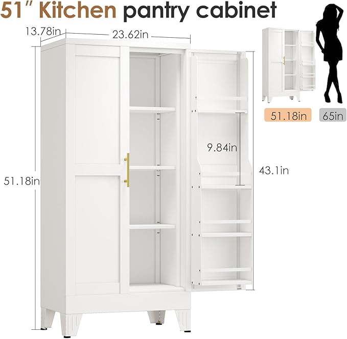 51" Kitchen Pantry Cabinet, Metal Storage Cabinet with 3 Adjustable Layer Shelves, 8 Door Shelves, Buffet Sideboard for Living Room, Kitchen, White-Ruum Studio Home