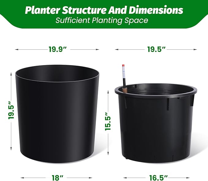 Tall Round Planter Set of 2, 19.5‘’ H x 19.9" Dia Large Planters for Indoor Plants with Built-in Drainage and a Water Level Monitor and Wheels for Patio, Porch, Living Room, or Home Office, Black-Ruum Studio Home