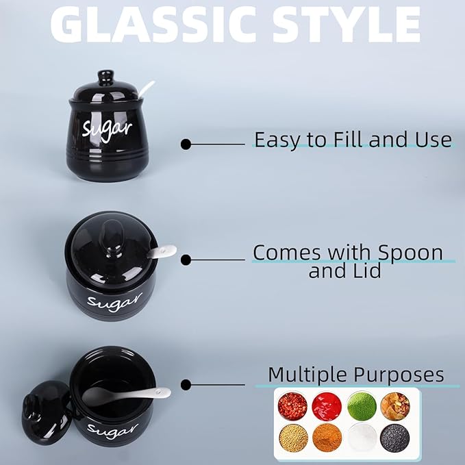HAOTOP 12oz Sugar Bowl with Lid and Spoon,Ceramic Sugar Jar Sugar Dispenser Sugar Container Coffee Bar Accessories, Kitchen Countertop Canisters, Black-Ruum Studio Home