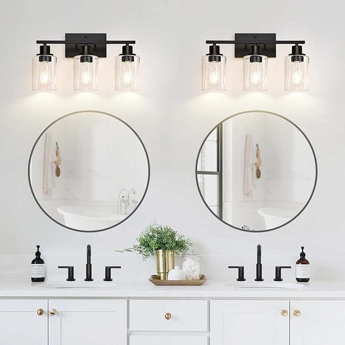 3 Light Bathroom Light Fixtures, Matte Black Modern Vanity Lights with Clear Glass Shade, Bathroom Wall Lamp for Mirror Kitchen Living Room Hallway Cabinet Porch-Ruum Studio Home