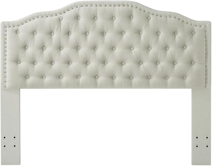 24KF Upholstered Button Tufted Queen Headboard with Nailhead Trim, Elegant Boucle Fabric Full headboard, 6031-Q-Boucle-Beige-Ruum Studio Home