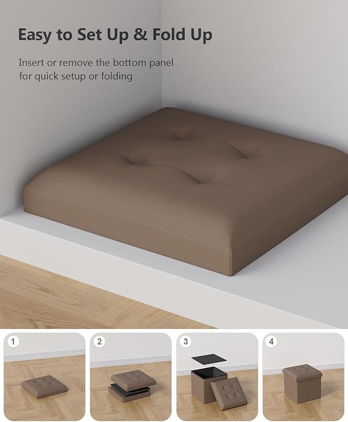 15 Inches Small Folding Storage Ottoman Cube, Storage Footrest, Foot Rest Stool, for Living Room, Bedroom, Dorm, Hallway, Entryway, Brown-Ruum Studio Home
