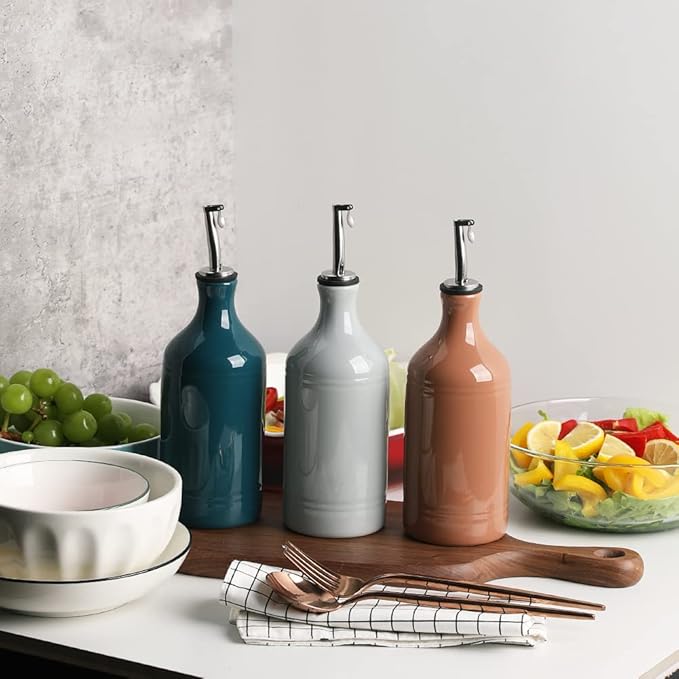 Sweejar Ceramic Olive Oil Dispenser Bottle, Opaque Oil Cruet Protects Oil to Reduce Oxidation, Suitable for Storage Oil, Vinegar, Coffee Syrups & Other Liquids, Pack of 1, 15.5 Fl Oz (Gray)-Ruum Studio Home
