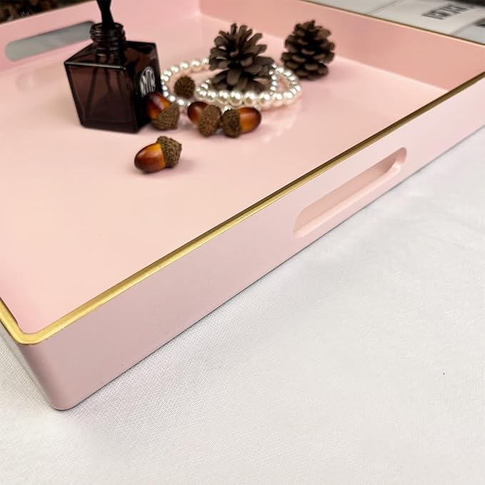 Pink Decorative Tray, Square Serving Tray with Handles, Plastic Coffee Table Tray for Ottoman, Living Room, Kitchen Tabletop, 13"x13"x1.6"-Ruum Studio Home