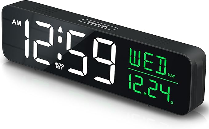 Peakeep Large Display Digital Alarm Clock for Bedrooms, Date Day of Week Calendar Desk Table Clocks for Living Room Office, Dimmable Plug in Electric Clock, 5 Volumes, Loud, Auto DST-Ruum Studio Home