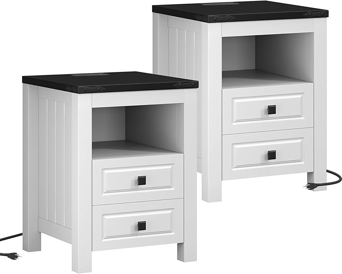 Apicizon End Table Set of 2, Farmhouse End Tables with Charging Station, Nightstand with Drawers and Storage Cabinet, Small Coffee Table for Small Spaces, Sofa Side Table for Living Room, Bedroom-Ruum Studio Home