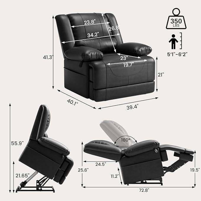 Large Dual Motor Power Lift Recliner Chair with Massage and Heat for Elderly People, Infinite Position,USB Ports and Remote Control,Breathable Leather (Black)-Ruum Studio Home