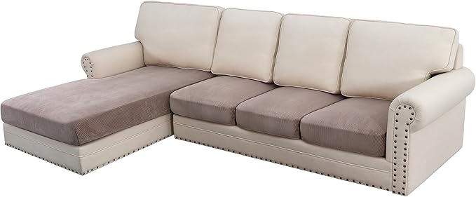 H.VERSAILTEX Velvet Stretch Sectional Couch Covers 4 Pieces Sofa Seat Cushion Covers L Shape Separate Cushion Couch Cover for Both Left/Right Couch (Large Sofa 3 Seater + 1 Chaise, Taupe Striped)-Ruum Studio Home