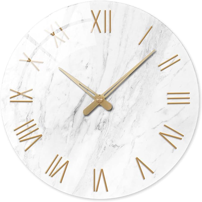 Round Marble Battery Wall Clock Modern 14 Inch White Minimalist Wall Clock for Kitchen Quartz Glass Slient Clock for Wall-Ruum Studio Home