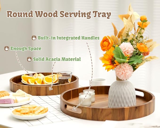 Round Wood Serving Trays Set of 2, Ottoman Tray Rustic Acacia Wooden Trays with Handles, Nesting Circle Tray with 4 Coasters for Coffee Table Living Room Bathroom Bedroom Party-Ruum Studio Home