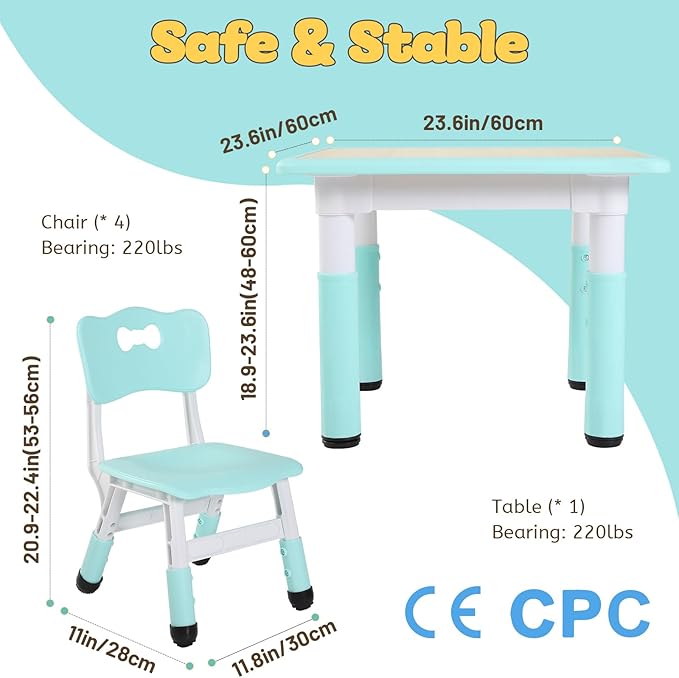 FUNLIO Kids Table and 4 Chairs Set, Height Adjustable Toddler Table and Chair Set for Ages 3-8, Easy to Wipe Arts & Crafts Table, for Classrooms/Daycares/Homes, CPC & CE Approved (5-Piece Set) - Green-Ruum Studio Home