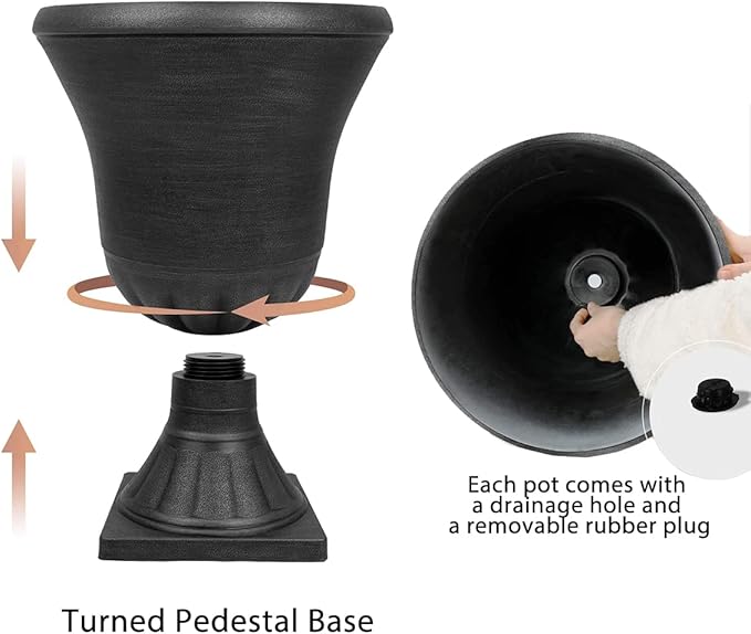 Worth Garden 2-Pack Plastic Urn Planters for Outdoor Plants, 22'' Black Tall Round Classic Resin Traditional Flower Pots - 15 in. Dia. Large Imitation Stone Decorative Pot Patio Deck Front Porch-Ruum Studio Home