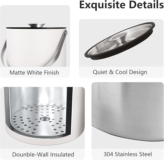 Insulated Ice Bucket with Silicone Lid, Scoop, Tongs & Strainer, 3L Stainless Steel Double Wall Ice Buckets for Parties & Cocktail Bar, Champagne Ice Bucket with Lid for Freezer, Ivory-Ruum Studio Home