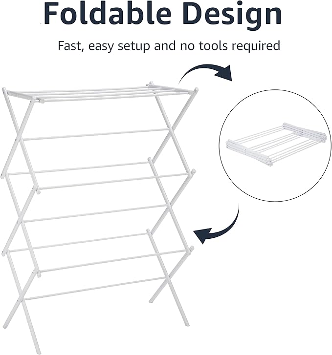 Amazon Basics Foldable Portable Laundry Rack for Air Drying Clothing, Indoor Outdoor Use - 14.5" D x 29.5" W x 41.8" H, White-Ruum Studio Home