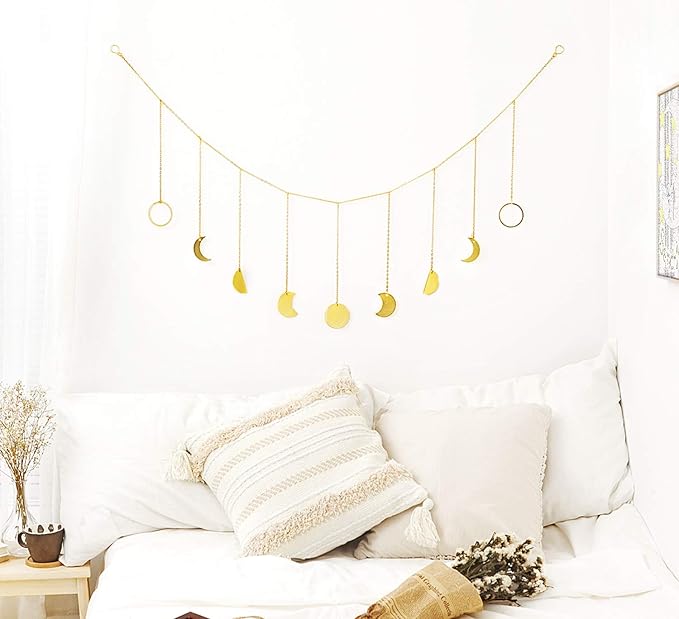 Mkono Moon Phase Wall Hanging Boho Aesthetic Room Decor Metal Moons Garland Hanging Art Bohemian Home Decoration for Girls Room Nursery Bedroom Livingroom Dorm, Ideal, Gold, 50"-Ruum Studio Home