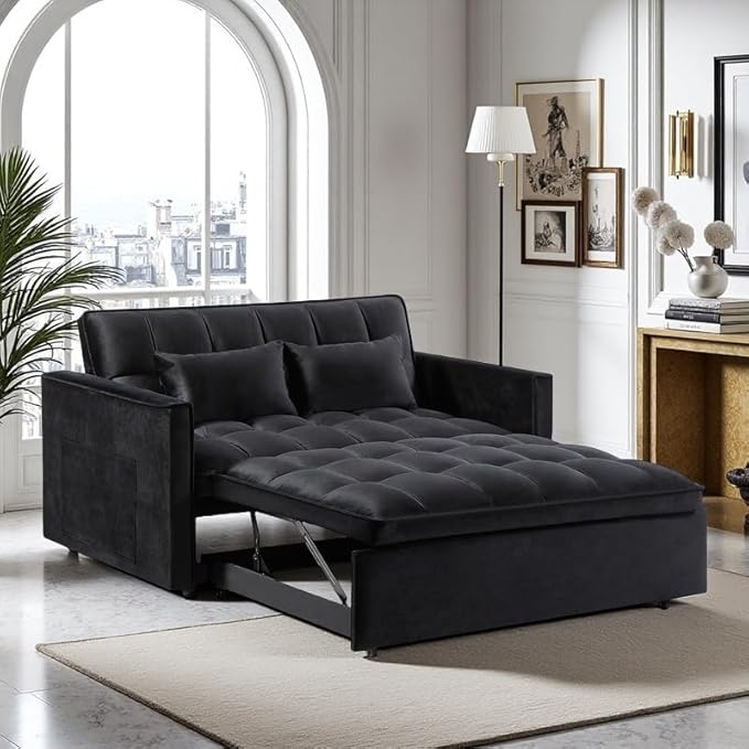 3 in 1 Convertible Sleeper Sofa Bed, Velvet Pull Out Sofas Beds with Side Pocket, 54” Adjustable Backrest Futon Sofa Bed, Love Seat Sleepers Couch for Living Room, Bedroom, Small Space, Black-Ruum Studio Home