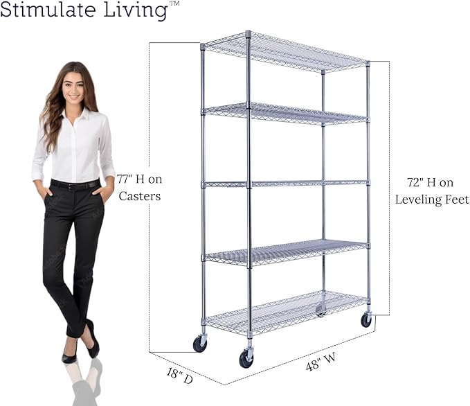 48"x18"x72" PRIME HEAVY DUTY Chrome 5-Tier Wire Shelving NSF 4000 LBS MAX Capacity Storage Rack for Commercial, School, Home, Garage, Warehouse, Industrial, and Hospital Uses (with Wheels)-Ruum Studio Home
