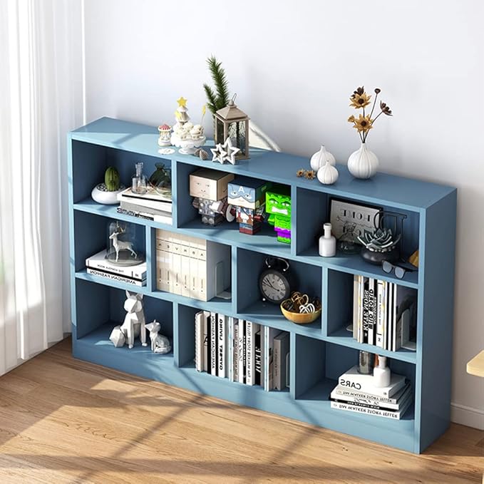 IOTXY Open Shelf Low Bookcase - Wooden 3-Tier Floor Standing Display Cabinet Organizer with Base, 10 Cubes Short Horizontal Bookshelf in Bright Blue-Ruum Studio Home